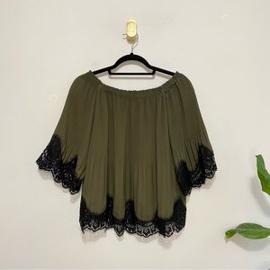 Delfi Collective Olive Green Black Lace Pleated Off the Shoulder Blouse Top
